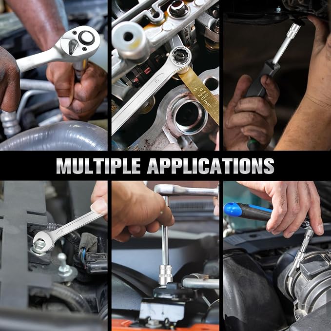 43 PCS Mechanic Tool Socket Set, 1/2” & 1/4” Drive Metric Shallow Socket Set (10-24 & 4-13mm), 12 PCS Combination Wrenches (8-19mm), Ratchet Handle, Extension Bar, Universal Joint, Sliding bar