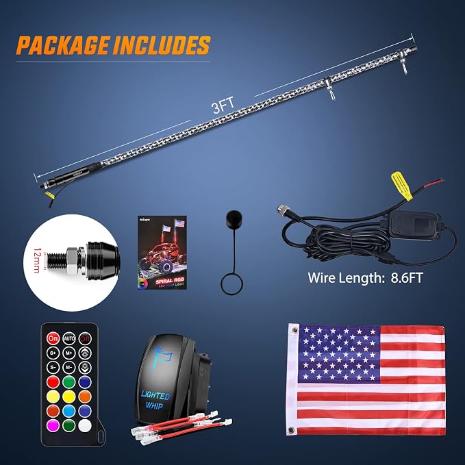 Nilight 1PC 3FT Spiral RGB Led Whip Light w/RGB Chasing/Dancing Lights RF Remote Control Lighted Antenna Whips for Can-am ATV UTV RZR Polaris Dune Buggy 4 Wheeler Offroad Jeep Truck