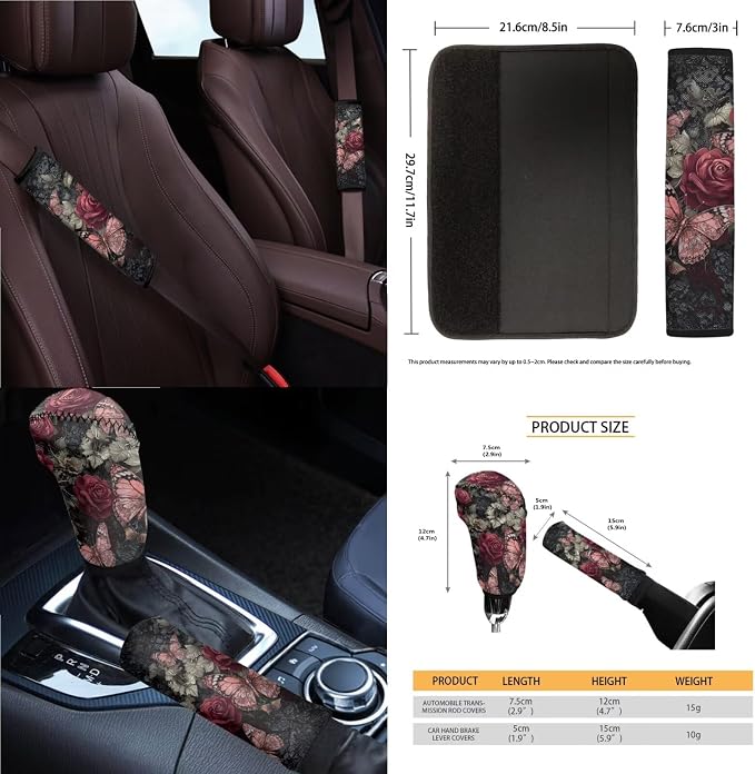 Rose Butterfly Print Car Seat Covers Front and Back Full Set with Steering Wheel Cover Armrest Cushion Safety Belt Pads Inside Rearview Mirror Cover Trash Bin, Universal Fits