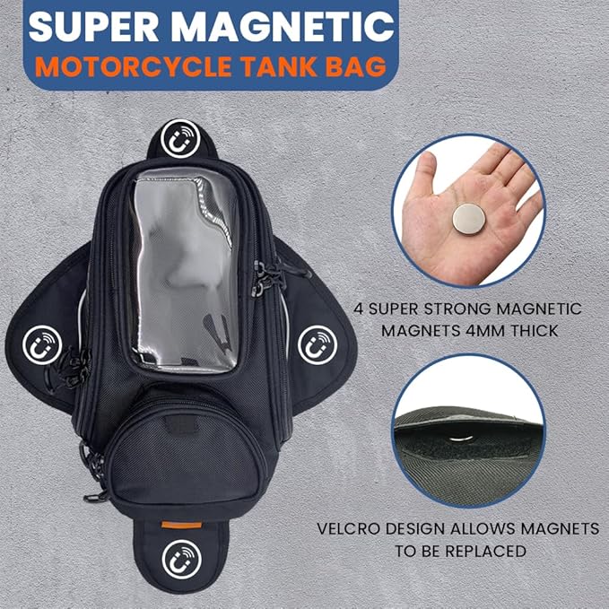 reygeak Motorcycle Tank Bag，Waterproof, with super magnetic thickened magnet Black 1680D PVC petrol tank bag, large window cell phone bag, suitable for Suzuki Kawasaki Honda Harley Yamaha.