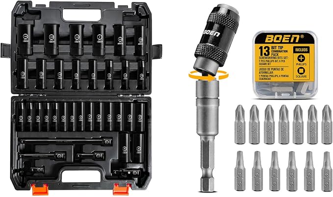 BOEN 35PCS 1/2" Drive Deep Impact Socket Set + 14PCS Pivoting Magnetic Bit Holder with Screwdriver Bits