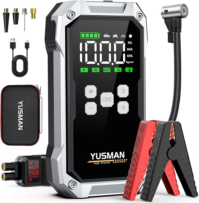 Car Jump Starter with Air Compressor, 8000A 150PSI Jump Starter Pack (All Gas/10.0L Diesel), 12V Battery Jump Starter with Display, Smart Jumper Cables, 2 LED Light
