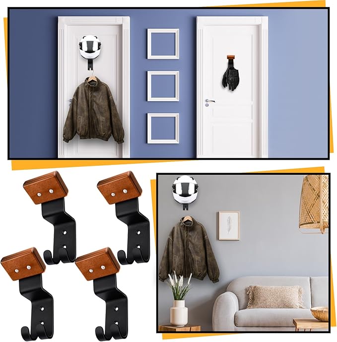CroBlissful 4 Pcs Motorcycle Helmet Holder Wall Mount Helmet Hanger Hooks Motorcycle Gear Rack for Football Sports Accessory (Classic,Wood)