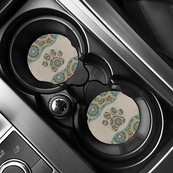BIGCARJOB 12 Pack Boho Style Car Seat Cover Full Set,Hippie Paw Print Steering Wheel Covers,Universal Seat Belt Pads,Armrest Cover,Cup Holder,Woman Girly Car Interior Accessories Set