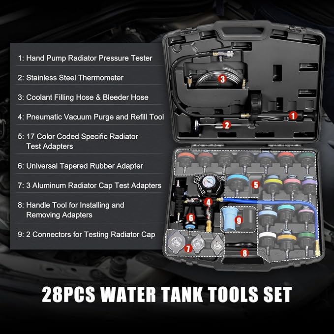 JIFETOR Radiator Coolant Pressure Tester Vacuum Refill Tool Kit, 28PCS Automotive Cooling System Leak Test and Pneumatic Purge Fill Set with Testing Adapter Caps Universal for Airlift Car Auto Truck