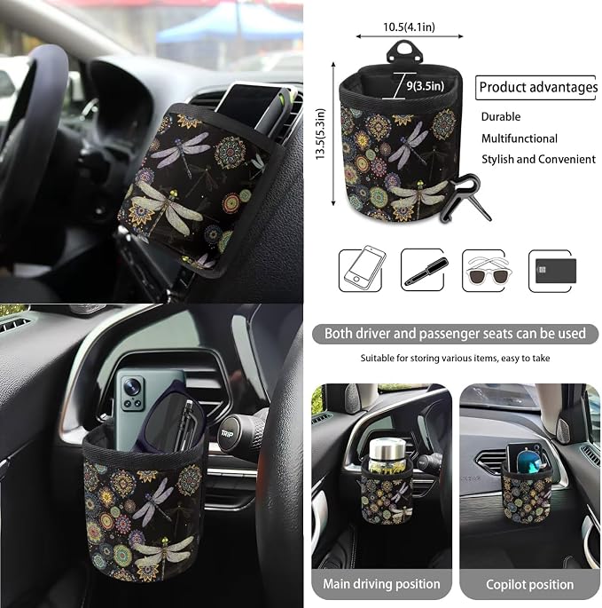 Boho Mandala Dragonfly Print Car 15pcs Accessories, Front and Back Seat Covers for Cars Steering Wheel Pad Seat Belt Cushion Trash Can Coasters Universal Fit