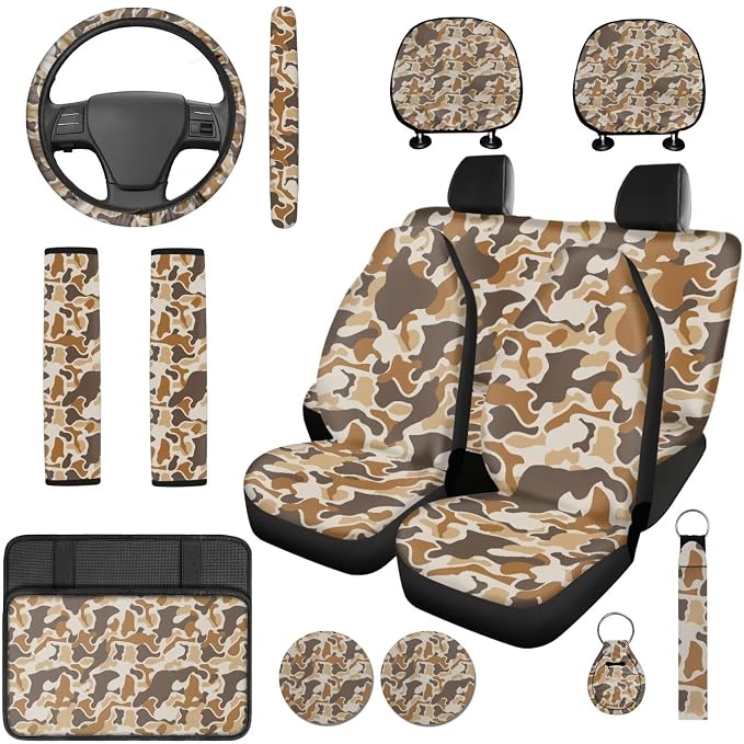 Bulopur Camo Hunting Duck Car Seat Covers Front and Rear with Steering Wheel Cover Elastic Center Console Cushion Anti-Slip Seat Belt Pads 14 Piece Vehicle Interior Decor Set