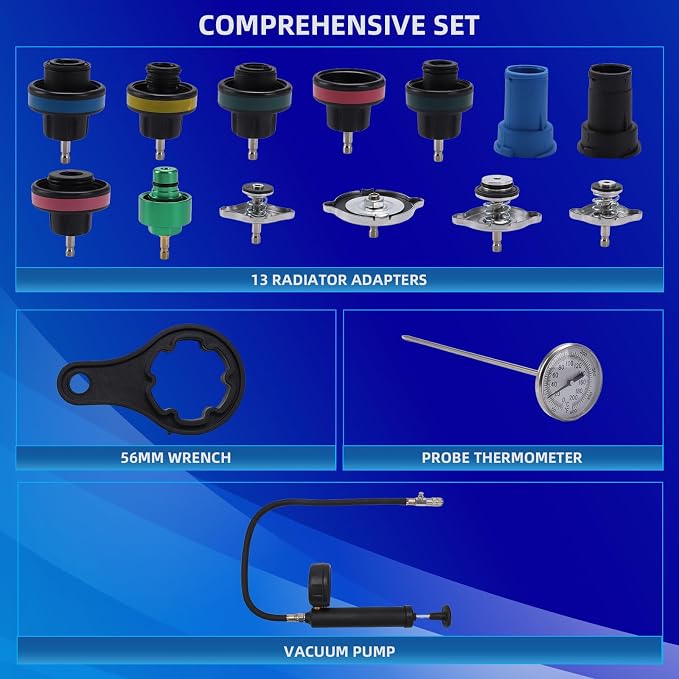 16 Pcs Universal Radiator Pressure Tester Kit,Coolant Pressure Tester kit with 13 Radiator Adapters,Precise Coolant Leak Detector for All Vehicle Cooling System