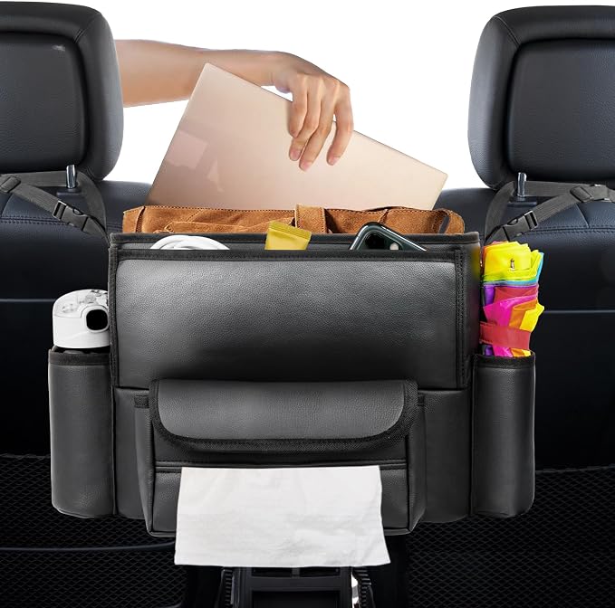 E EASTSTORM Car Purse Holder Between Seats, Car Seat Purse Handbag Holder, Automotive Consoles Organizers Storage Barrier Car Interior Accessories, Leather Large Capacity (Black)
