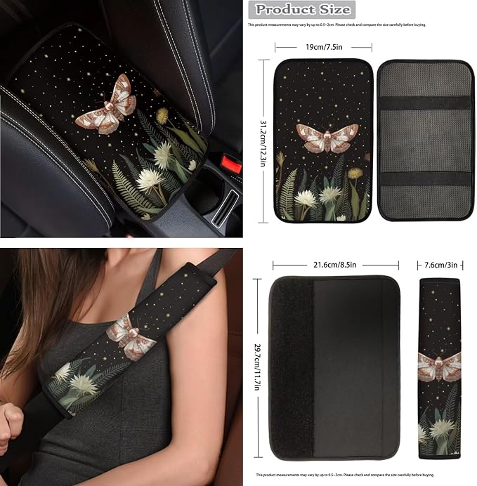 Teal Moth Moon Car Seat Covers Full Set 15 Pcs Universal Car Accessories Steering Wheel Cover Seat Belt Pads Garbage Bag Car Headrest Pillow Covers Armrest Pad