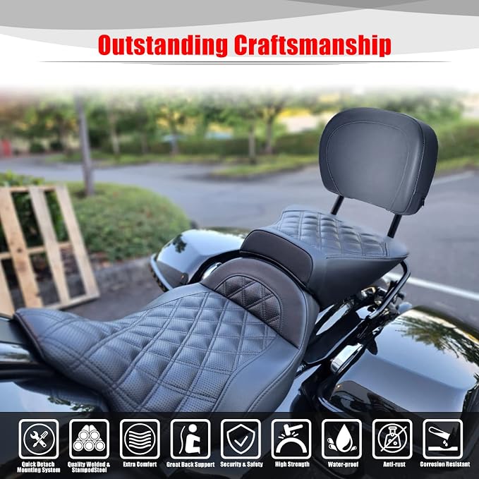Goldfire Detachable Passenger Backrest for Harley Touring Quick Release Sissy Bar Street Glide Road King Electra Glide 2009-2024 Rear Back Pad (Black)