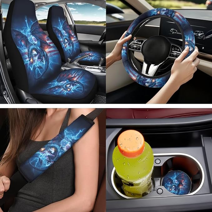 Bulopur Western Dragon Auto Seat Covers with Car Steering Wheel Cover Lightning American Flag Car Armrest Cushion Pads Headrest Covers Vehicle Seat Belt Covers Automotive Accessories for SUV Truck Van