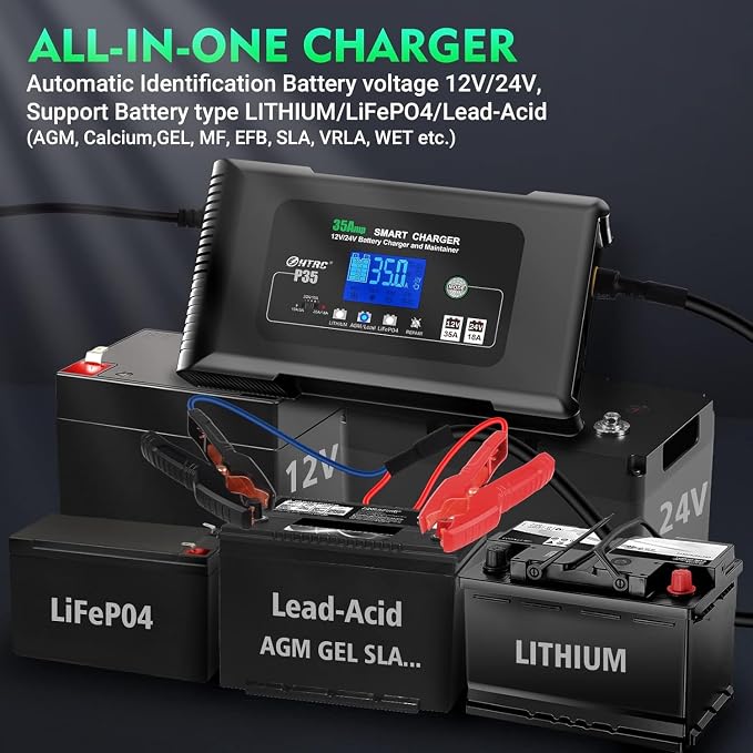 Battery Charger, Smart 0-35A 12V/24V Trickle Charger, Portable Car Battery Charger with 9 Stages of Charging for LiFePO4, Lead-Acid, and Lithium Batteries, with Battery Repair Function