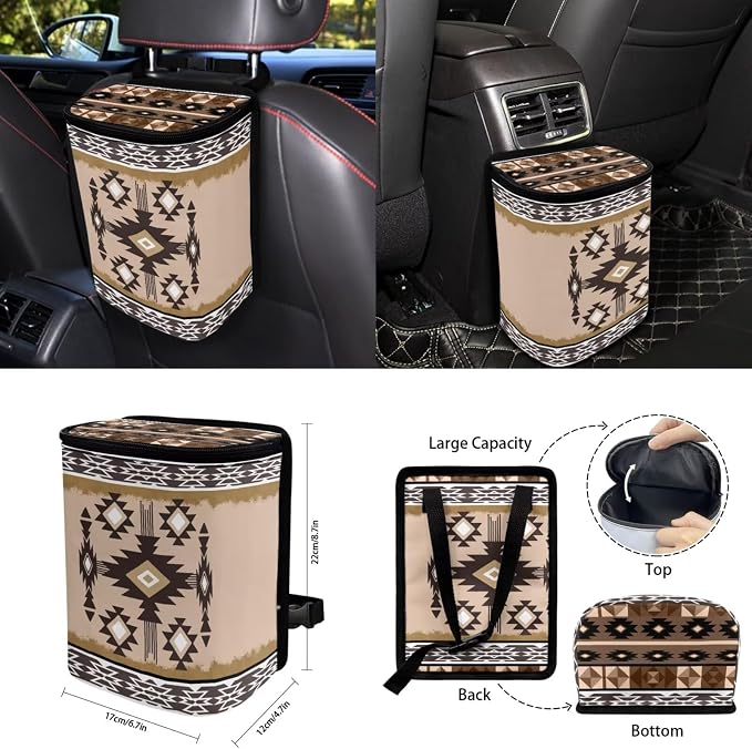 Ethnic Geo Car Seat Covers Set of 15 with Universal Steering Wheel Cover, Rearview Mirror Cover, Car Trash Can, Seatbelt Pads, Cup Holder Coasters, Keychains