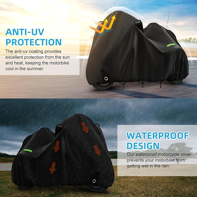 Motorcycle Cover Waterproof for Trike Models Freewheeler/CVO Version/Tri Glide Ultra/Gold Wing Trike, Heavy Duty Sun Rain Outdoor Protection Motorbike Cover with Antenna Zipper & Soft Cotton Lining