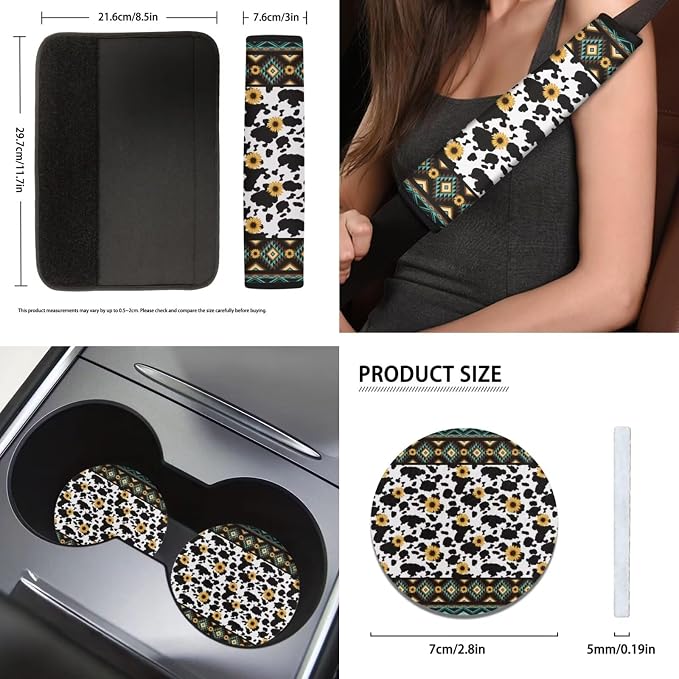 Aztec Cow Geometric Seat Covers for Car,11Pack Cow Auto Seat Covers for Front Back,Universal Fit Most Vehicle Truck SUV,Auto Steering Wheel Cover Seatbelt Pads Keychain Cup Holder Coasters