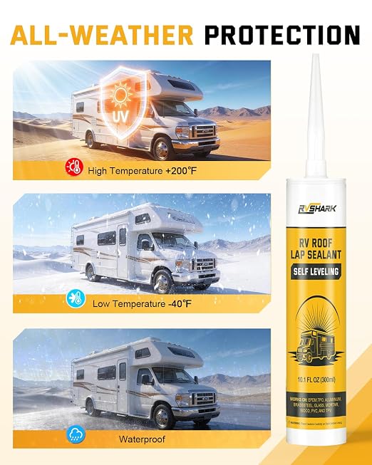 RV Roof Sealant 8 Pack, 30 Seconds Self Leveling Lap Sealant – White, Fast Curing Waterproof Flexible Caulk RV Sealant with Gloves for Camper Trailer Roofs Maintenance Repair