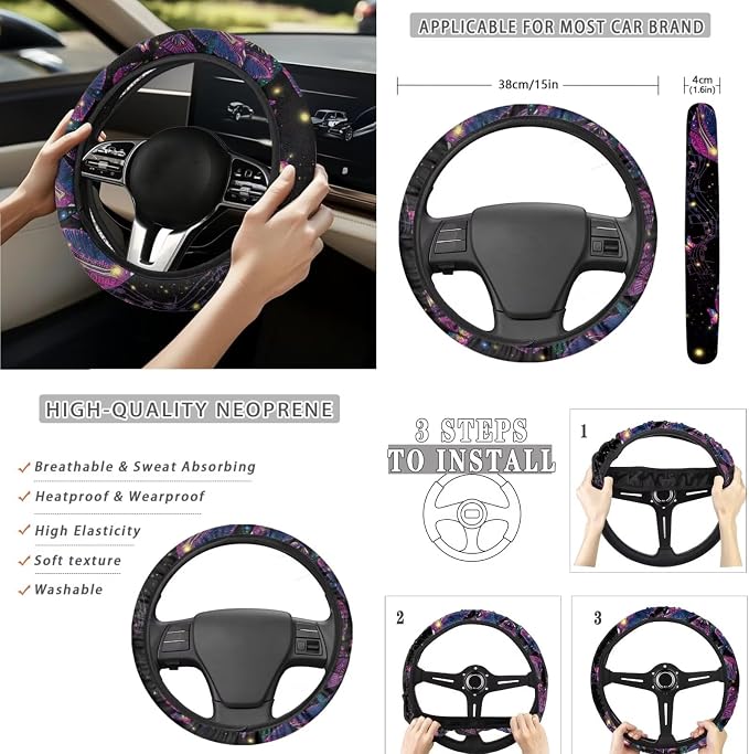 15 Pcs Glitter Rose Butterfly Car Seat Covers Full Set for Women Goth Car Accessories Interior Car Steering Wheel Cover Seatbelt Covers Trash Bin Rear View Mirror Cover Cup Holders Keychain
