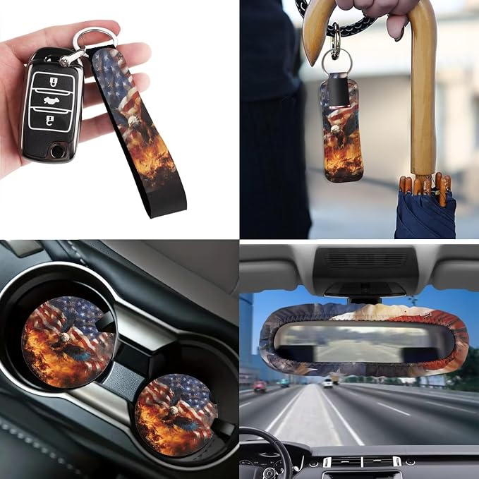Flag Eagle 12 Pack Car Seat Covers Car Steering Wheel Cover Auto Seat Belt Cover Car Trash Can Rear View Mirror Cover Universal Car Interior Accessories Decoration Fashion Auto Interior