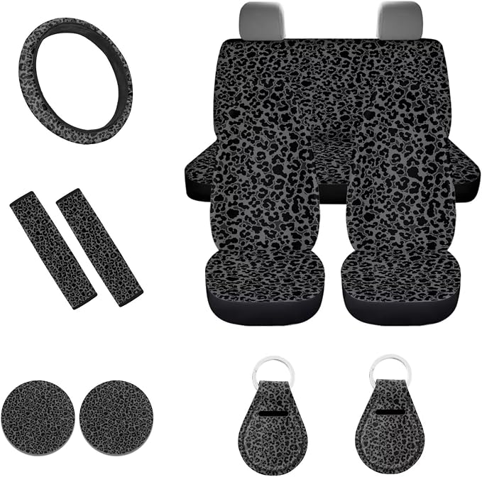POLERO Black Leopard Car Seat Covers 11Pcs Full Set Black Cheetah Steering Wheel Cover Black Animal Print Seatbelt Pads Cupholder Coasters with Keychains