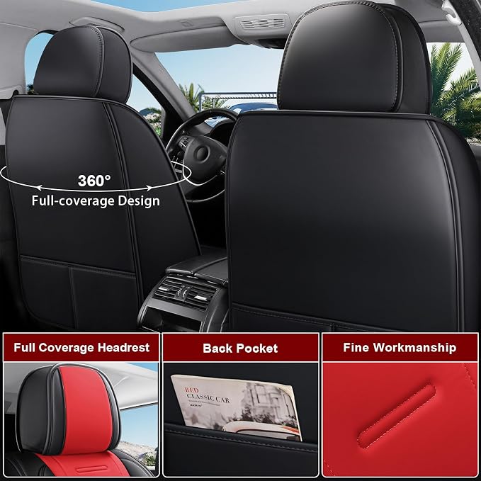 otoez Nappa Leather Car Seat Covers Full Set, Breathable Leather Automotive Seat Covers Front & Rear Seat Protectors with Lumbar Support, Universal Fit for Most 5 Seats Cars SUV Truck Sedan(Black+Red)