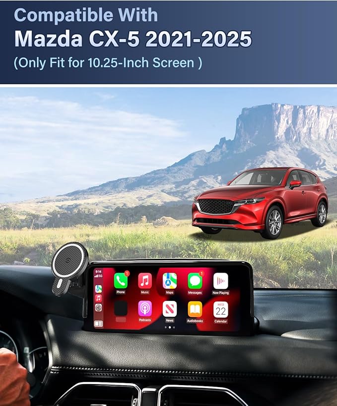 PZK Car Phone Holder for Mazda CX-5 CX5 2021 2022 2023 2024 2025 Accessories 10.25-Inch Screen Fixed Clip Phone Mount Magnetic 15W Fast Wireless Charging with Sunglasses Storage Box 360° Rotation