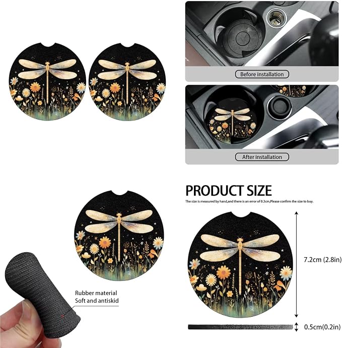 Dragonfly 13 Pcs Car Seat Cover Set, Starry Night Garden Steering Wheel Covers Seat Belt Shoulder Pads, Countryside Flower Field Polyester Front Seat Rear Cover