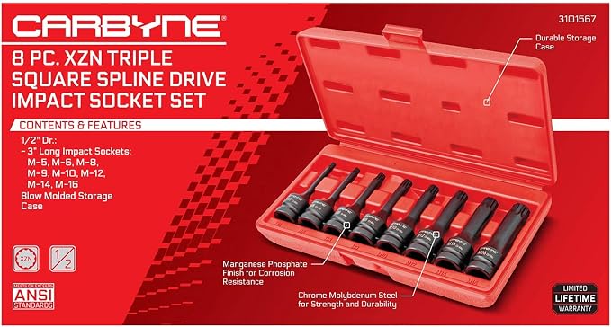 CARBYNE 8-Piece XZN Triple Square Impact Bit Socket Set, 12 Point, M5 to M16, 1/2 in. Drive, CrMo Steel, Manganese Phosphate Finish, for European Vehicles
