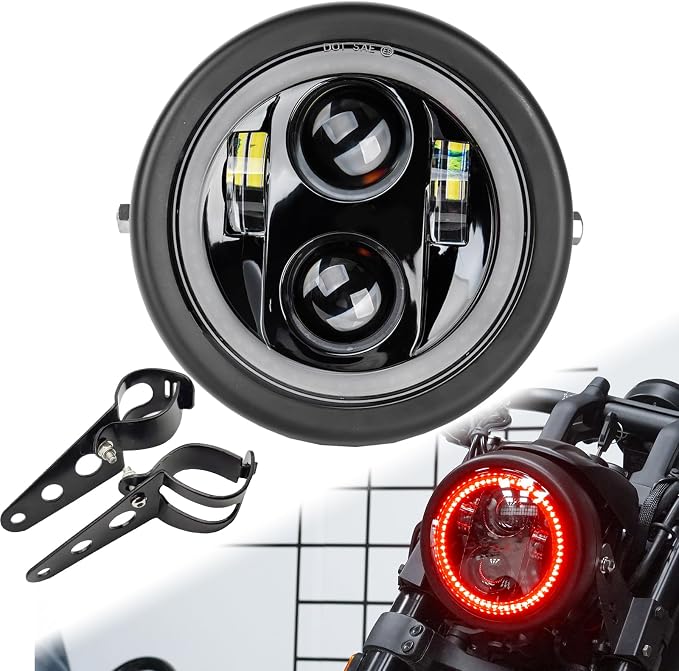 5.75inch 5-3/4 Black Motorcycle Headlight Smoked Red Halo DRL with Matte Black Housing Bucket 32-40mm Fork Tube Side Mount Brackets Compatible with Motorbikes