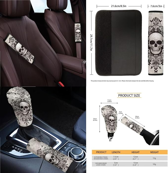 Gothic Skull Print Car Seat Covers Front and Back Full Set with Steering Wheel Cover Armrest Cushion Safety Belt Pads Rearview Mirror Cover for Most Cars, Easy to Install, Brown