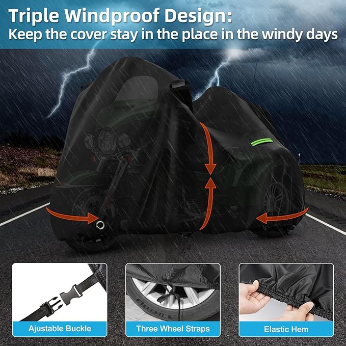 Motorcycle Cover Waterproof for Trike Models Freewheeler/CVO Version/Tri Glide Ultra/Gold Wing Trike, Heavy Duty Sun Rain Outdoor Protection Motorbike Cover with Antenna Zipper & Soft Cotton Lining