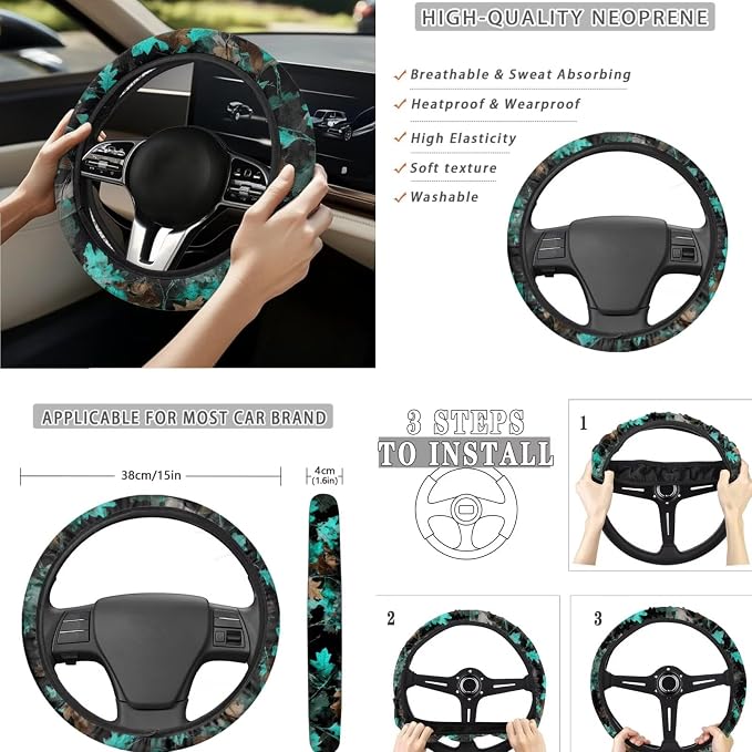 Blue Camo Maple Leaf Car Seat Covers Full Set 15 Pcs Universal Car Accessories Steering Wheel Cover Seat Belt Pads Garbage Bag Car Headrest Pillow Covers Armrest Pad