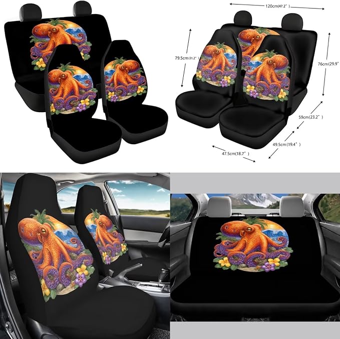 Forchrinse Octopus Car Seat Covers for Women Flower 15Pack Car Accessories with Steering Wheel Cover,Armrest Seatbelt Cover,Car Trash Can,Coaster,Keychain for Truck SUV Vehicles