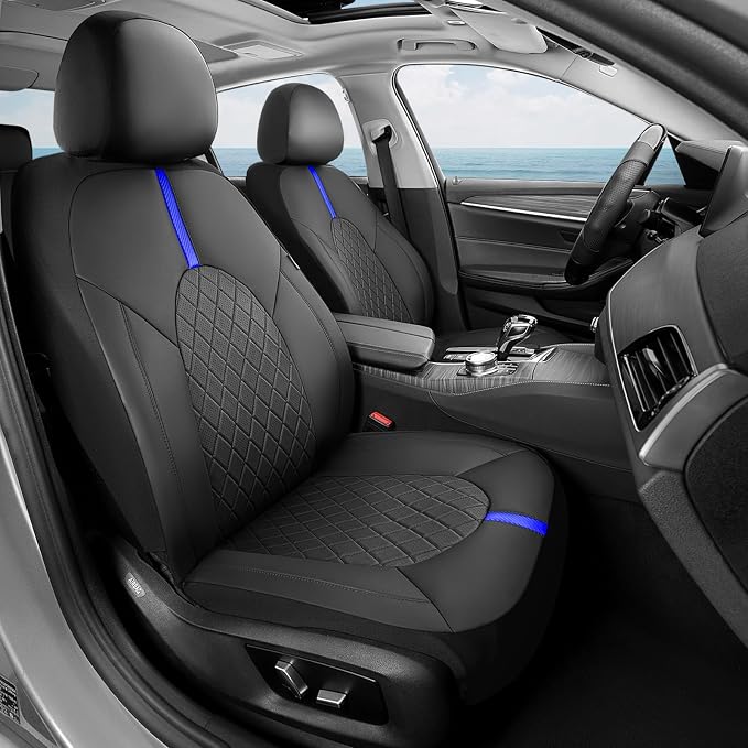 Coverado Full Set Car Seat Covers, Waterproof Front Seats Back Seat Cover, Leather Seat Covers Non-Slip Seat Protectors Universal Fit for Most Cars (Black-Blue)