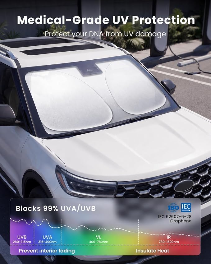 REEVAA 2026 3rd Pro Windshield Sunshade for 2020-2026 Ford Explorer | Dual-Layer Heat & Sun Defense, OEM Design | Foldable Sun Shade Car Accessories with Storage Bag