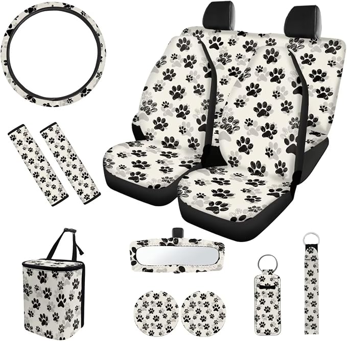 Dog Paw Prints 12 Pack Car Seat Covers Full Set Car Steering Wheel Cover Car Seat Belt Cover Keychain Holder Chapstick Holder Universal Fit for Vehicles,Cars,Suvs,Vans,Sedans