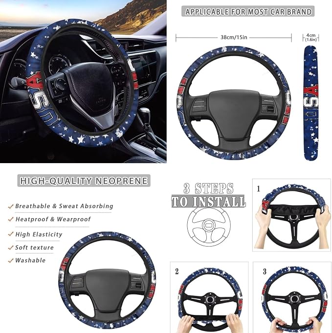 Howilath American Flag Stars Auto Front Seats Protector with Steering Wheel Cover/Seatbelt Pads/Armrest Cushion/Keychain/Car Coasters Set of 10 Accessories Interior Decor