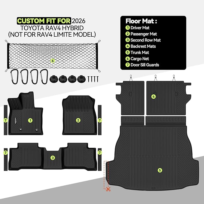 Tongama-Floor Mats for 2026 Toyota RAV4 Hybrid(Not for Limite Model/PHEV/Cargo Area with Subwoofer), All Weather TPE Trunk Mat & Backrest Mats & Cargo Net & Door Sill Guards for RAV4 Accessories