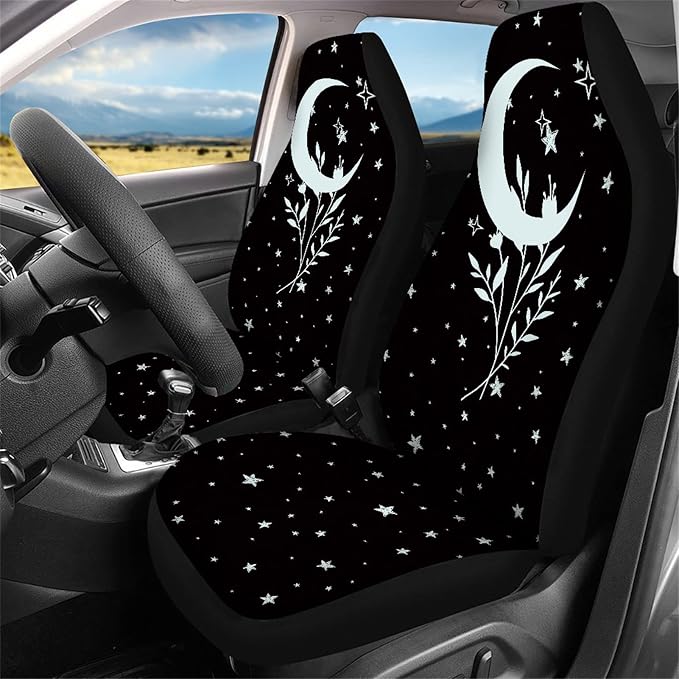 Ystardream Moon Star Flower Universal Front and Rear Bench Back Seat Cover Full Set Palm Tree Steering Wheel Cover Seatbelt Cushion Coasters Key Chains Auto Accessories Decorative,11 Pieces