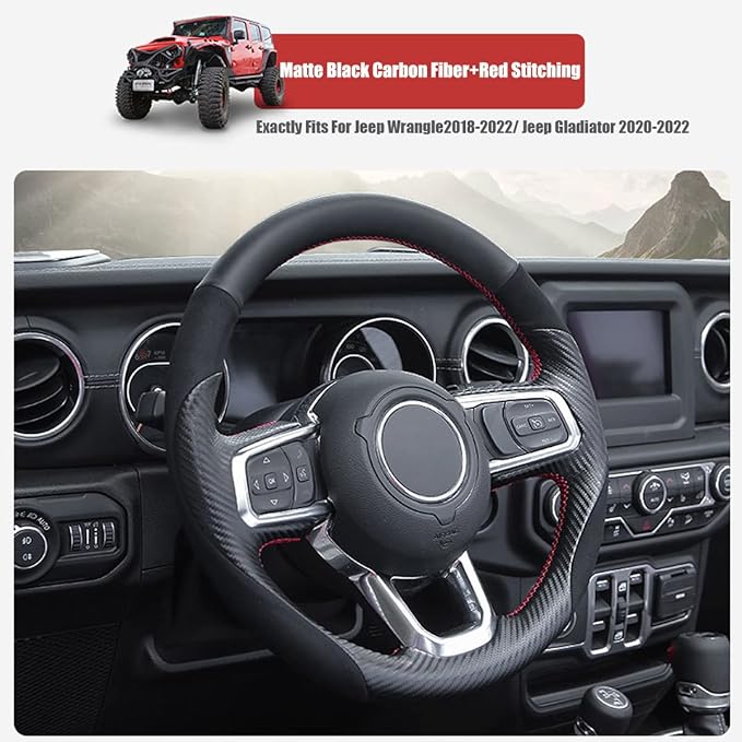 Hand-Sewing Steering Wheel Wrap Cover Black Suede/Matte Carbon Fiber Interior Protection Accessories for Jeep Wrangle 2018-2022 Jeep Gladiator 2020-2022 (Black Carbon Fiber)