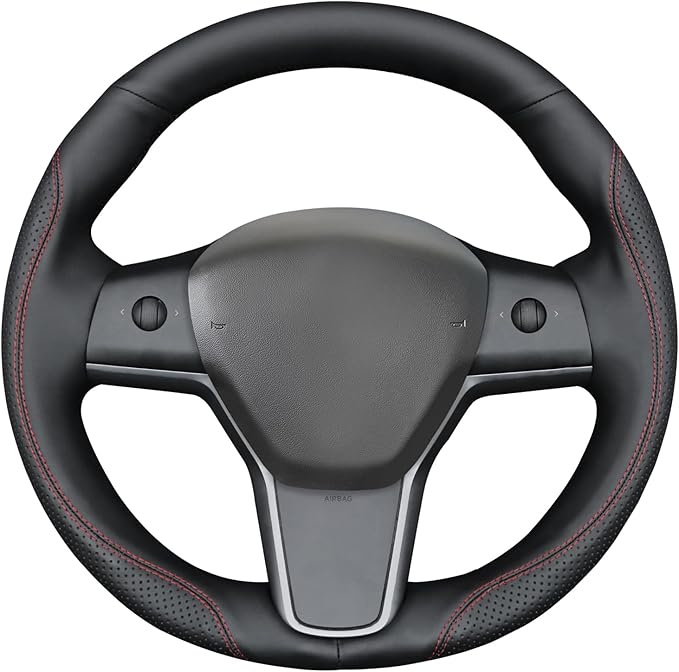 MEWANT Hand Stitch Black Faux Leather Steering Whee Cover for Tesla Model 3 Model Y 2020-2023 DIY Steering Wheel Wrap