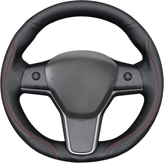 MEWANT Hand Stitch Black Genuine Leather Steering Whee Cover for Tesla Model 3 Model Y 2020-2023 DIY Steering Wheel Wrap