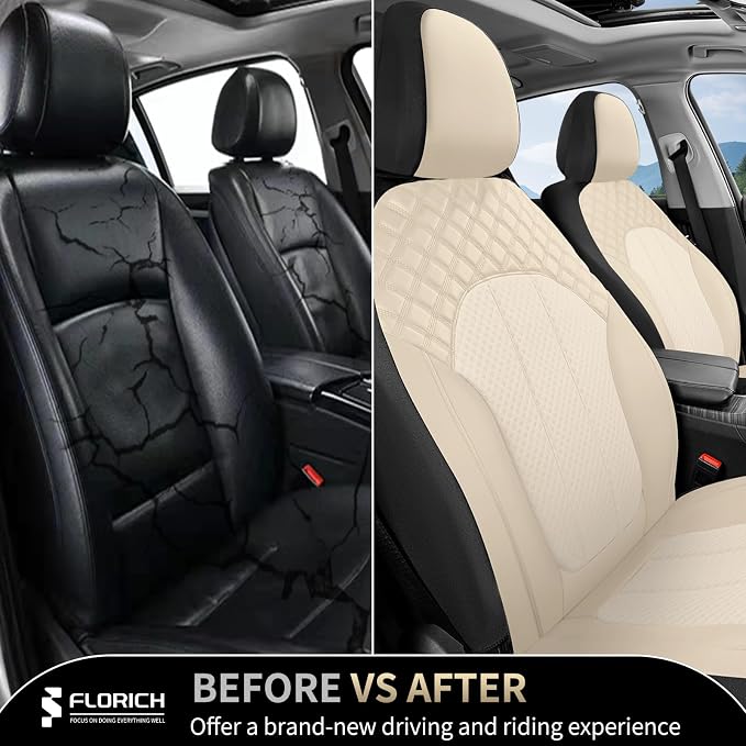 FLORICH Front Seat Covers Leather & Mesh Automotive Seat Protectors 2 Pack Breathable Car Seat Cover Spill-Proof Auto Seat Covers Cushion Universal Fit for Most Car SUV Sedan Truck, Beige