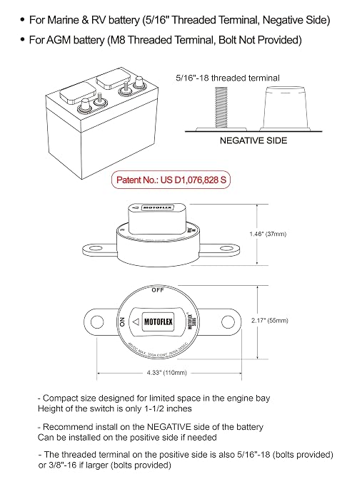 ON/Off Battery Disconnect Switch 12V-48V 300A Side Post Battery Disconnect GM Car Truck, Marine Boat RV Trailer Golf Cart Heavy Duty Battery Kill Switch (Corrosion-Resistance, Removable Knob)