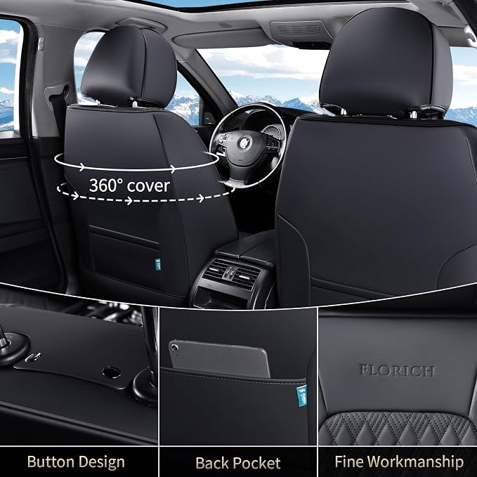 FLORICH Seat Covers, Car Seat Covers Full Set, Luxury Nappa Leather Seat Covers, Breathable and Waterproof Car Seat Protector 5 Seat, Automotive Seat Covers Universal Fit for Most Cars-Black&Beige