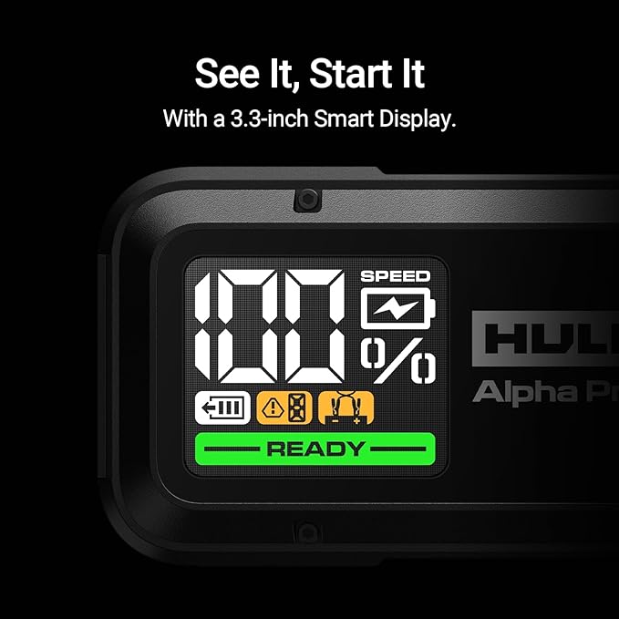 Hulkman Alpha Pro 1500A Jump Starter, 44.4Wh High-Capacity Car Battery Jump Starter, PD65W Fast Charging in & Out, 3.3" Smart Display Jump Box, 12V Jump Pack for 7.5L Gas/4.5L Diesel, Solid Black