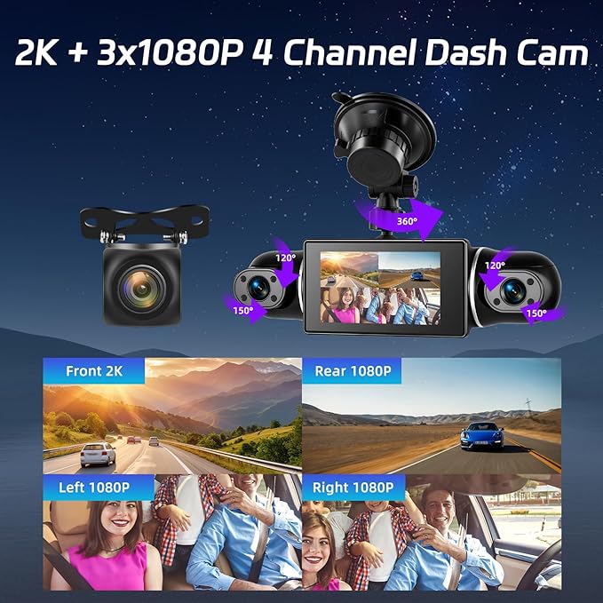 360°View 4 Channel Dash Cam, 2K+1080P Front and Rear Inside Left Right, NHOPEEW 3 inch IPS Screen Dash Camera for Cars, WiFi/APP Control, Night Vision, 24H Parking Mode, 64GB TF Card, Loop Recordin