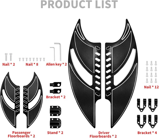 Motorcycle Floorboards CNC Tomahawk Footboards Footpegs Fit for Harley Touring Electra Glide Street Glide Road Glide Softail Dyna (F+R Floorboards Set (Black))