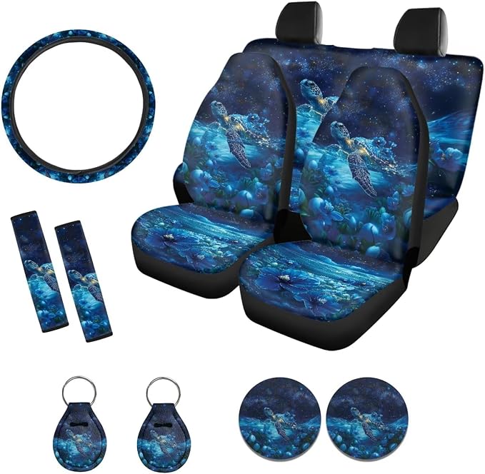 Suobstales Galaxy Turtle Flower Print Car Accessories with Car Front Rear Split Seat Covers, Seat Belt Pads + Steering Wheel Cover + Coaster + Keyrings for Women Set of 11-Pcs