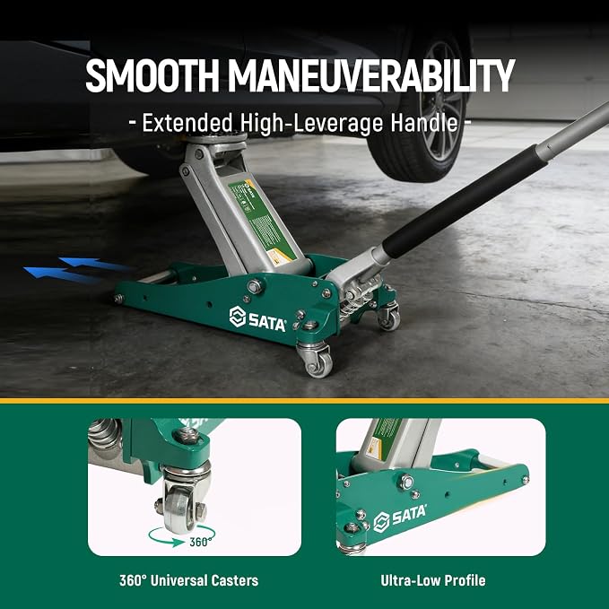 SATA 1.5-Ton (3,300 lb) Aluminum & Steel Hybrid Jack, Portable Design with Dual-Piston Quick Lift Pump, Tested for 1.5X Overload for Ultimate Safety